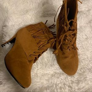 Top Moda Brown Fringe Suede Heeled Booties